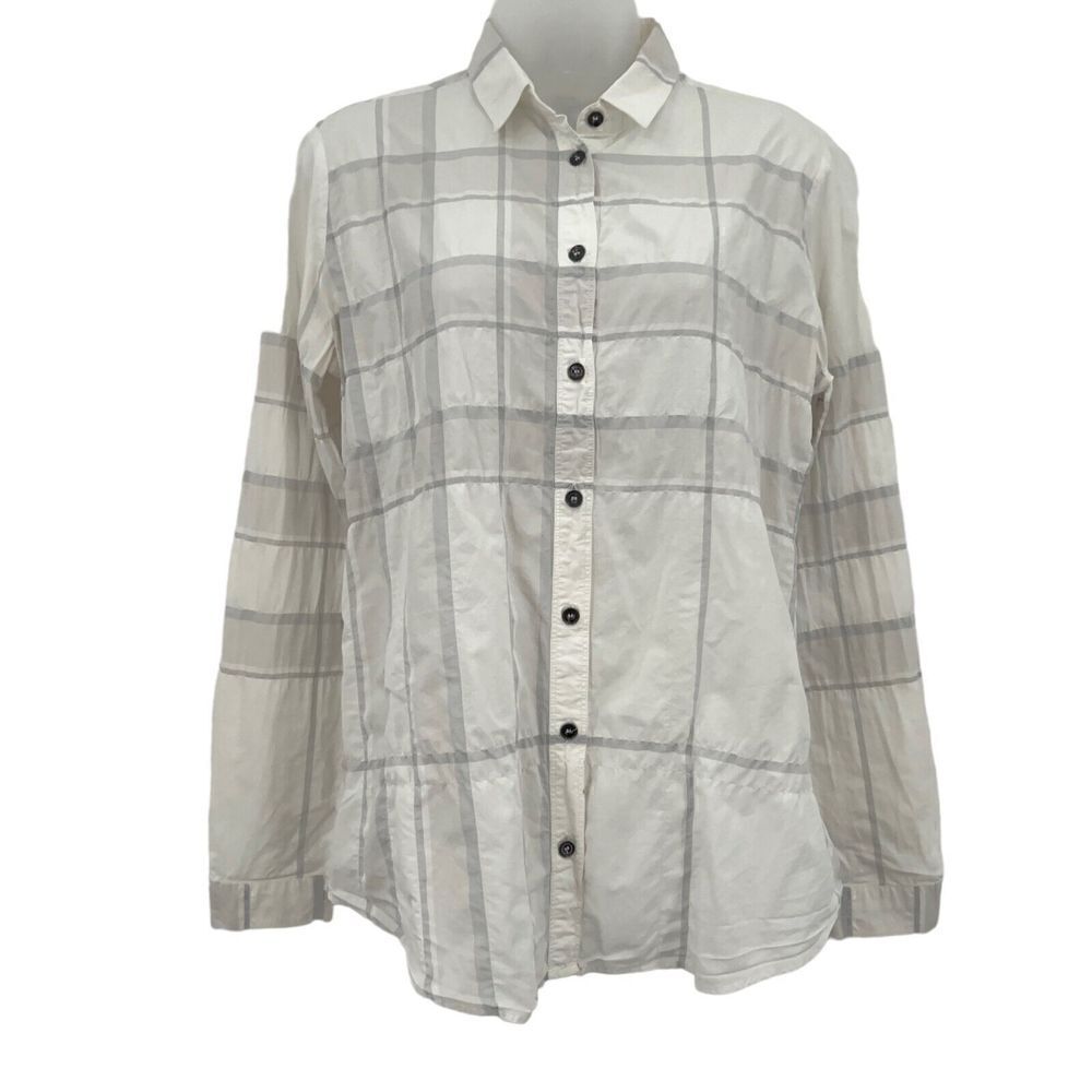 Burberry Brit Button Down Shirt Women's Small White Beige Grey Long Sleeve Top